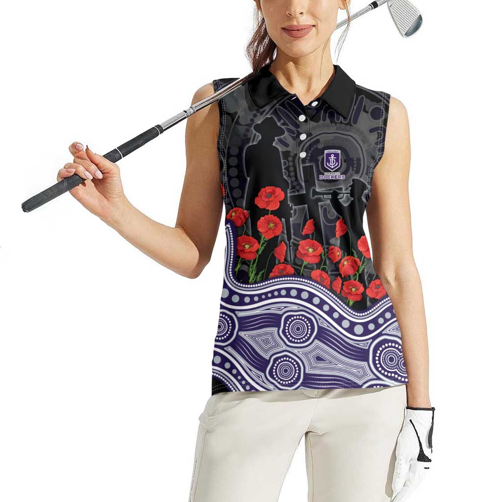 Fremantle Dockers ANZAC Day Women Sleeveless Polo Shirt Indigenous Dot Art with Poppy Flower Tribute