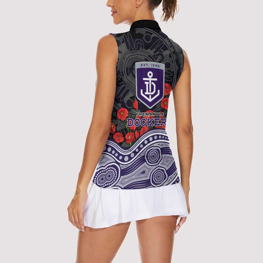 Fremantle Dockers ANZAC Day Women Sleeveless Polo Shirt Indigenous Dot Art with Poppy Flower Tribute