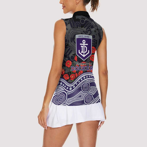 Fremantle Dockers ANZAC Day Women Sleeveless Polo Shirt Indigenous Dot Art with Poppy Flower Tribute