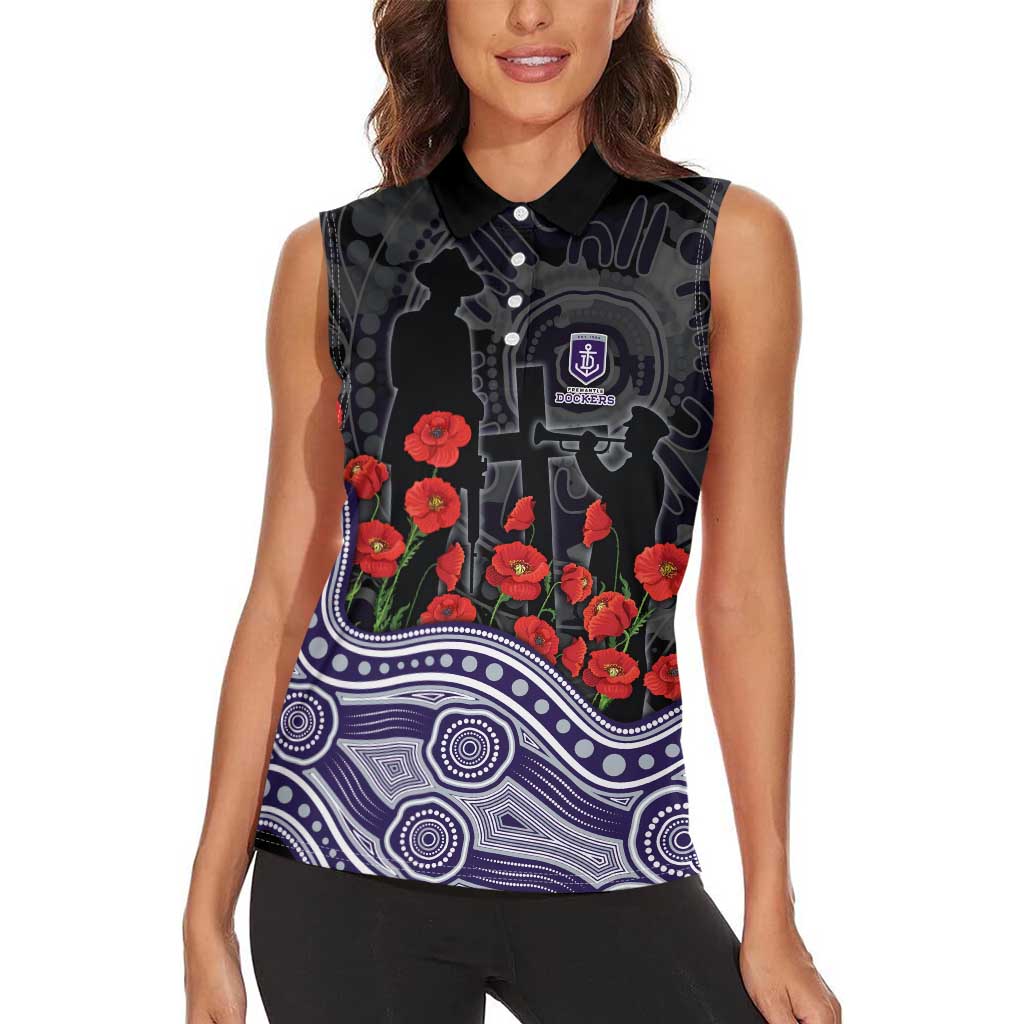 Fremantle Dockers ANZAC Day Women Sleeveless Polo Shirt Indigenous Dot Art with Poppy Flower Tribute