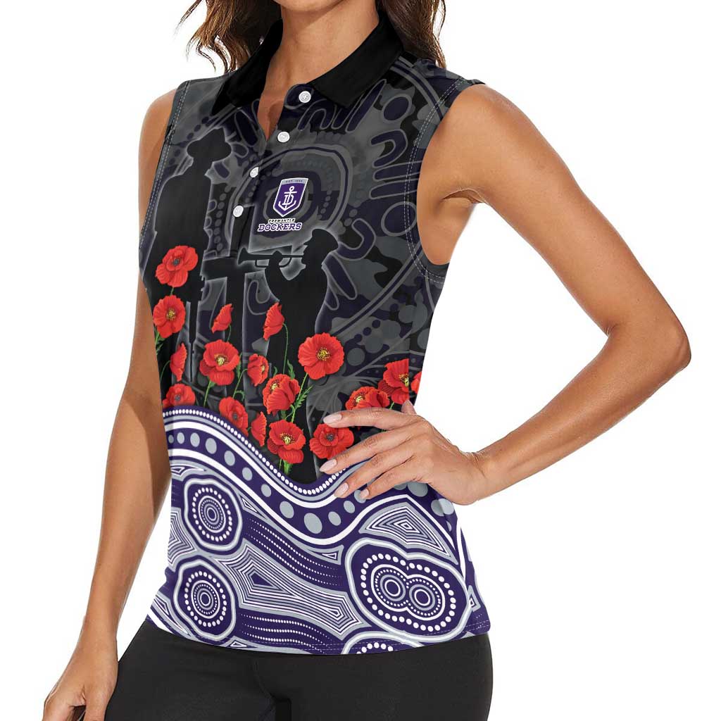 Fremantle Dockers ANZAC Day Women Sleeveless Polo Shirt Indigenous Dot Art with Poppy Flower Tribute