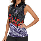 Fremantle Dockers ANZAC Day Women Sleeveless Polo Shirt Indigenous Dot Art with Poppy Flower Tribute