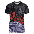 Fremantle Dockers ANZAC Day Women V-Neck T-Shirt Indigenous Dot Art with Poppy Flower Tribute