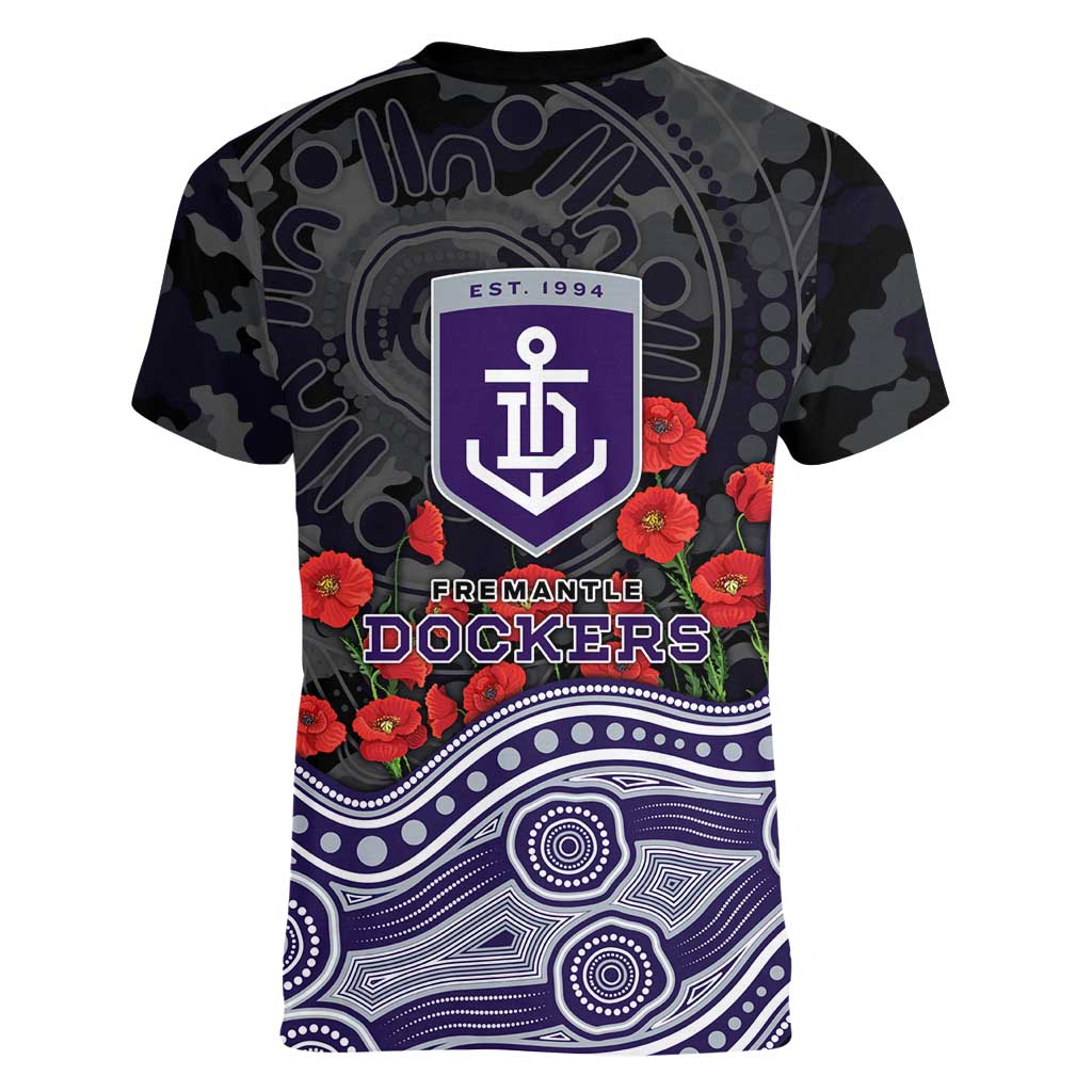 Fremantle Dockers ANZAC Day Women V-Neck T-Shirt Indigenous Dot Art with Poppy Flower Tribute