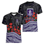Fremantle Dockers ANZAC Day Women V-Neck T-Shirt Indigenous Dot Art with Poppy Flower Tribute