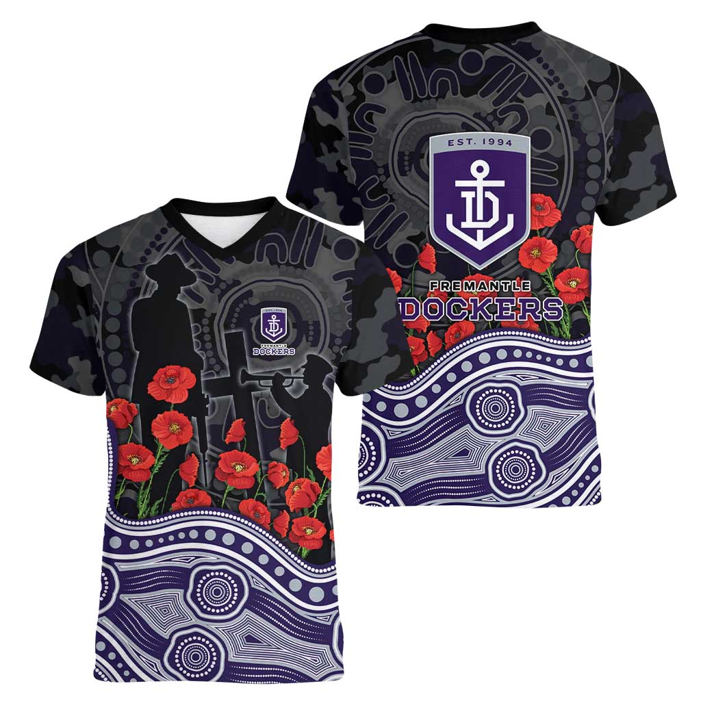 Fremantle Dockers ANZAC Day Women V-Neck T-Shirt Indigenous Dot Art with Poppy Flower Tribute