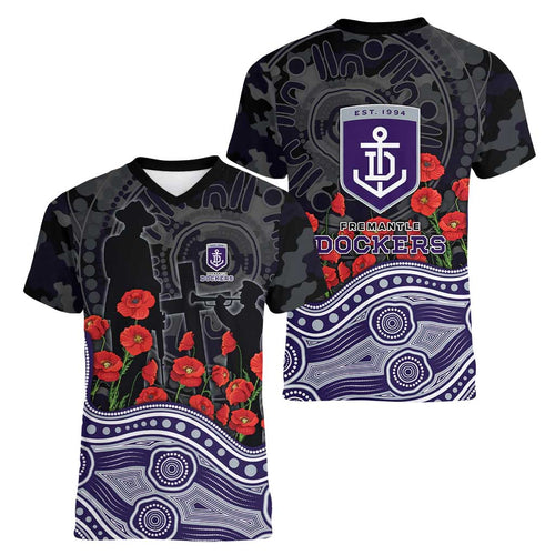 Fremantle Dockers ANZAC Day Women V-Neck T-Shirt Indigenous Dot Art with Poppy Flower Tribute