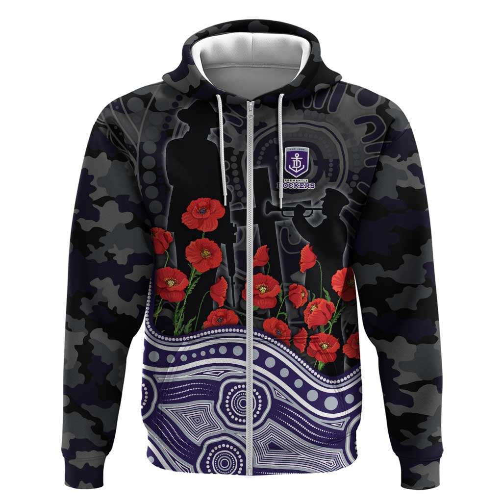 Fremantle Dockers ANZAC Day Zip Hoodie Indigenous Dot Art with Poppy Flower Tribute