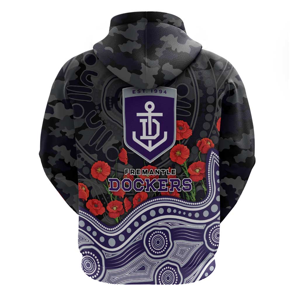 Fremantle Dockers ANZAC Day Zip Hoodie Indigenous Dot Art with Poppy Flower Tribute