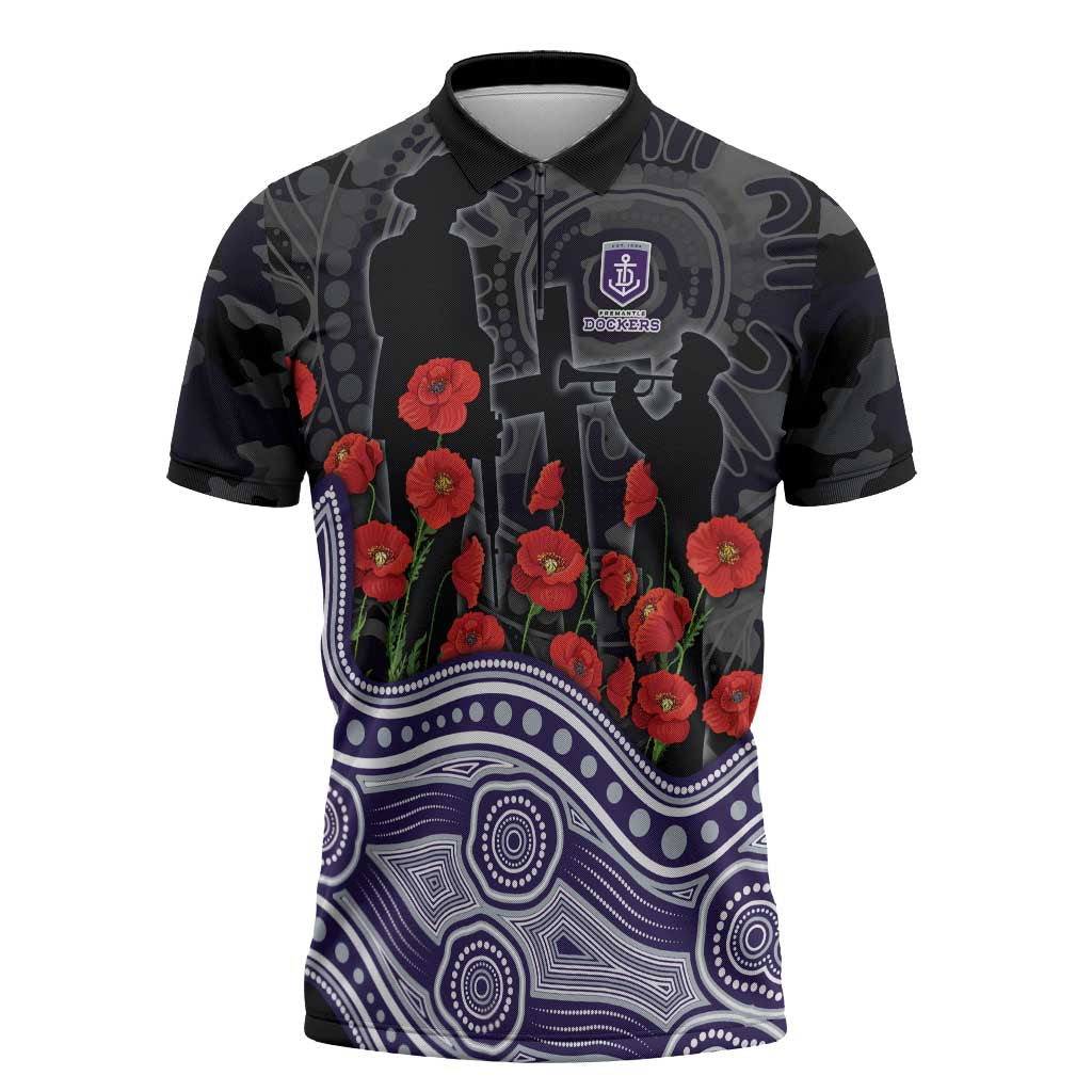 Fremantle Dockers ANZAC Day Zipper Polo Shirt Indigenous Dot Art with Poppy Flower Tribute