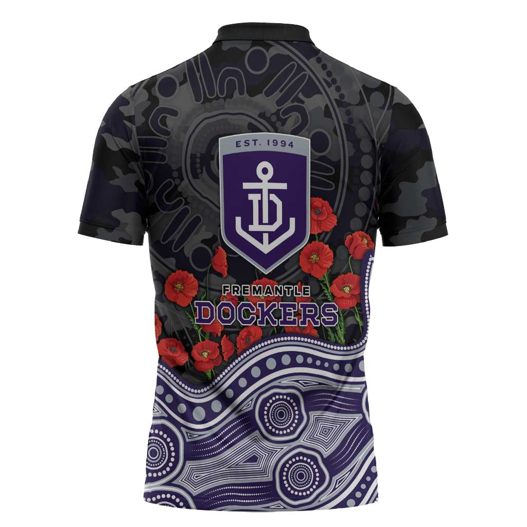 Fremantle Dockers ANZAC Day Zipper Polo Shirt Indigenous Dot Art with Poppy Flower Tribute