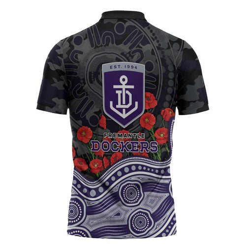 Fremantle Dockers ANZAC Day Zipper Polo Shirt Indigenous Dot Art with Poppy Flower Tribute
