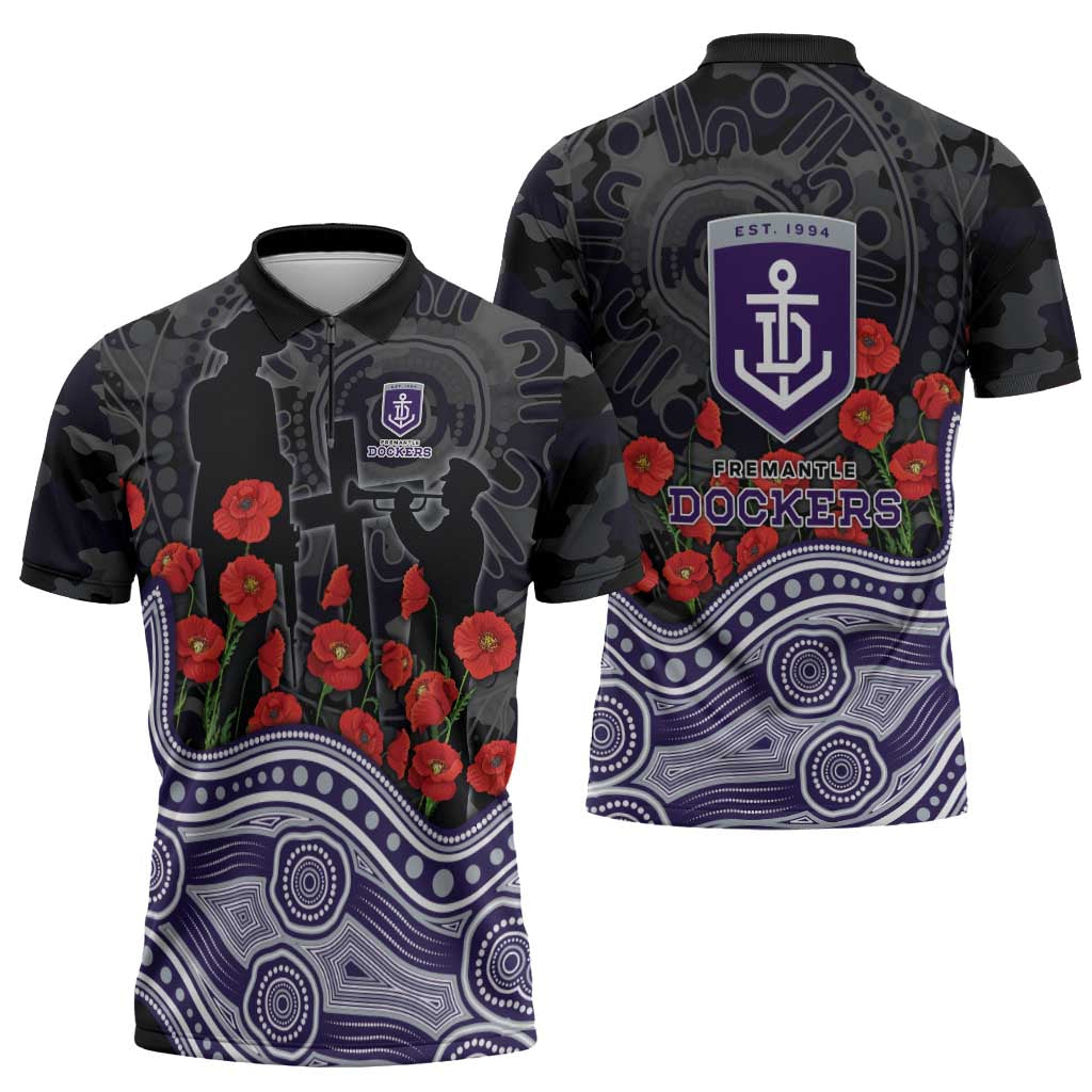 Fremantle Dockers ANZAC Day Zipper Polo Shirt Indigenous Dot Art with Poppy Flower Tribute