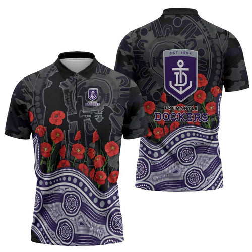 Fremantle Dockers ANZAC Day Zipper Polo Shirt Indigenous Dot Art with Poppy Flower Tribute