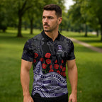 Fremantle Dockers ANZAC Day Zipper Polo Shirt Indigenous Dot Art with Poppy Flower Tribute