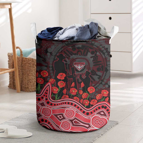 Essendon Bombers ANZAC Day Laundry Basket Indigenous Dot Art with Poppy Flower Tribute