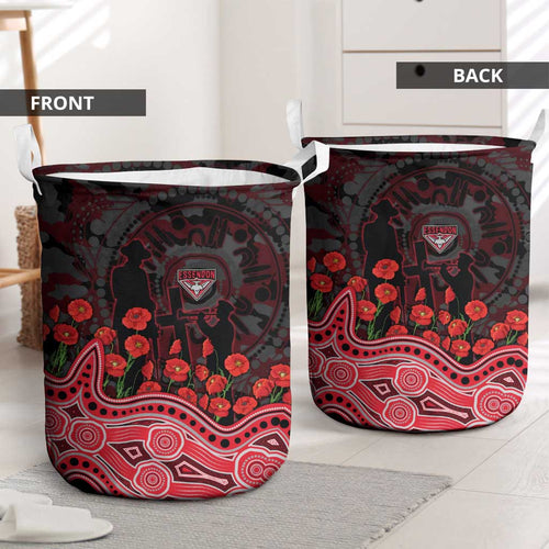 Essendon Bombers ANZAC Day Laundry Basket Indigenous Dot Art with Poppy Flower Tribute