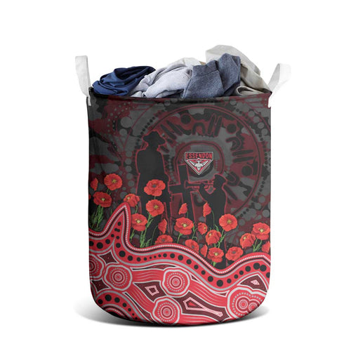Essendon Bombers ANZAC Day Laundry Basket Indigenous Dot Art with Poppy Flower Tribute