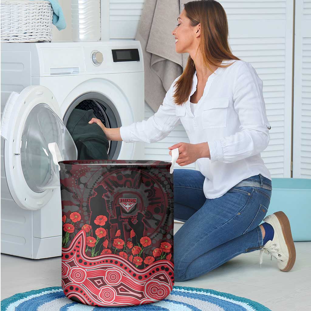 Essendon Bombers ANZAC Day Laundry Basket Indigenous Dot Art with Poppy Flower Tribute