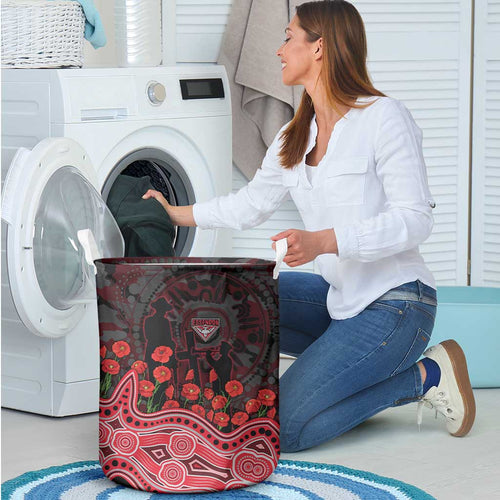 Essendon Bombers ANZAC Day Laundry Basket Indigenous Dot Art with Poppy Flower Tribute