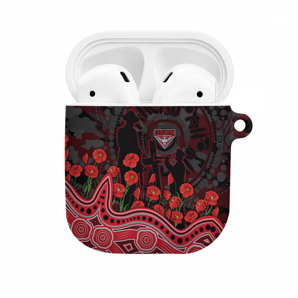 Essendon Bombers ANZAC Day AirPods Case Indigenous Dot Art with Poppy Flower Tribute