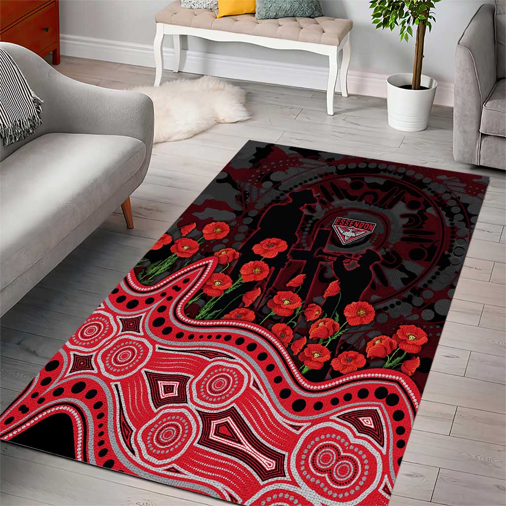 Essendon Bombers ANZAC Day Area Rug Indigenous Dot Art with Poppy Flower Tribute