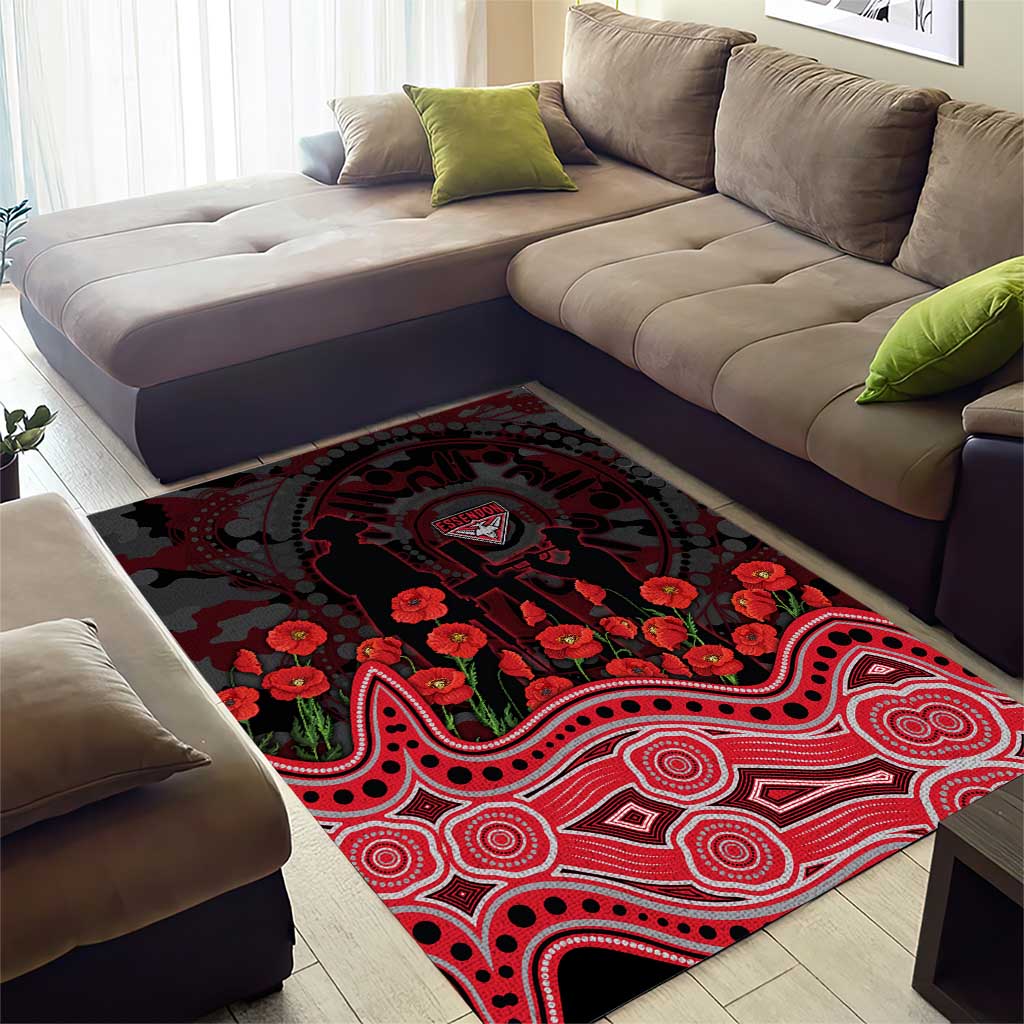 Essendon Bombers ANZAC Day Area Rug Indigenous Dot Art with Poppy Flower Tribute