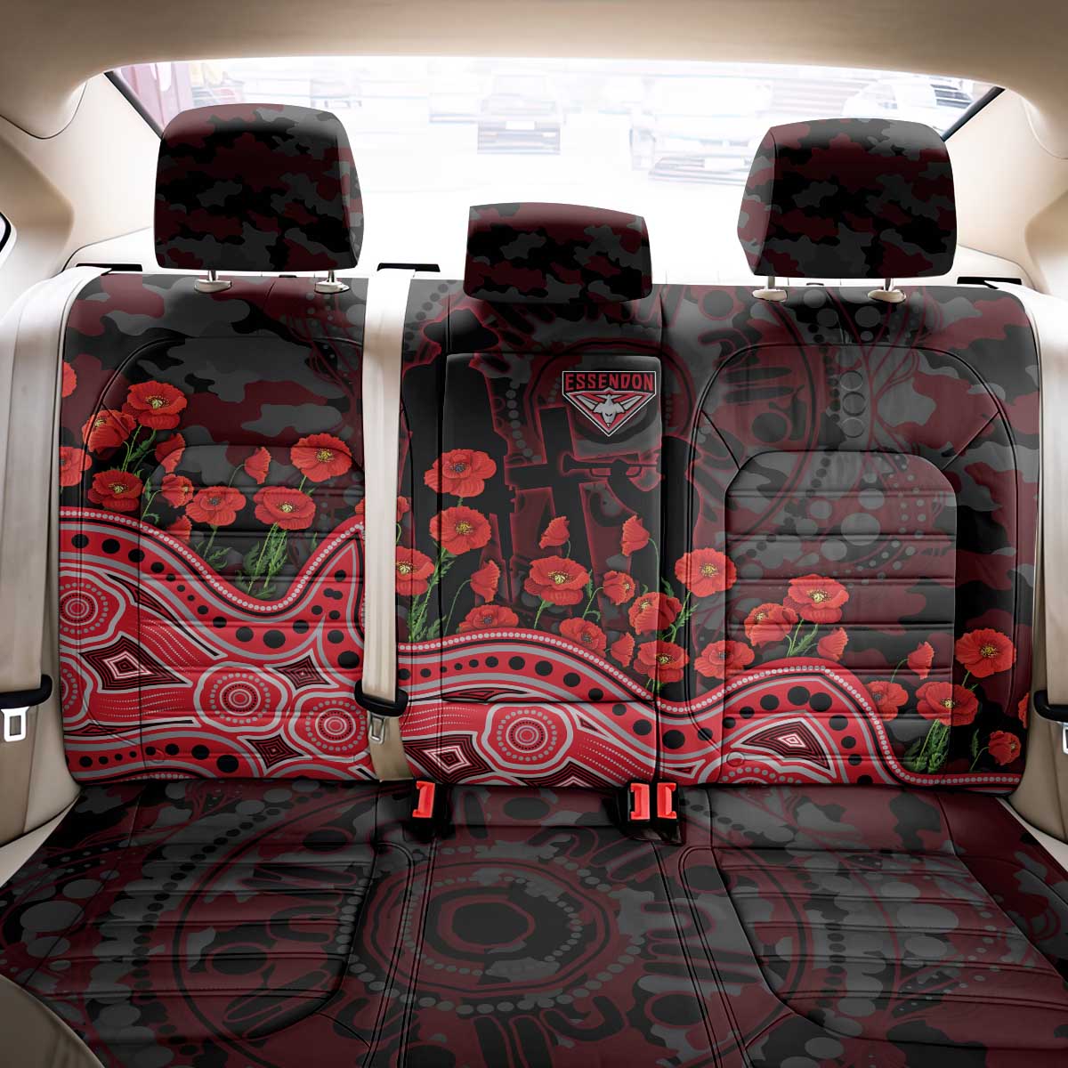 Essendon Bombers ANZAC Day Back Car Seat Cover Indigenous Dot Art with Poppy Flower Tribute