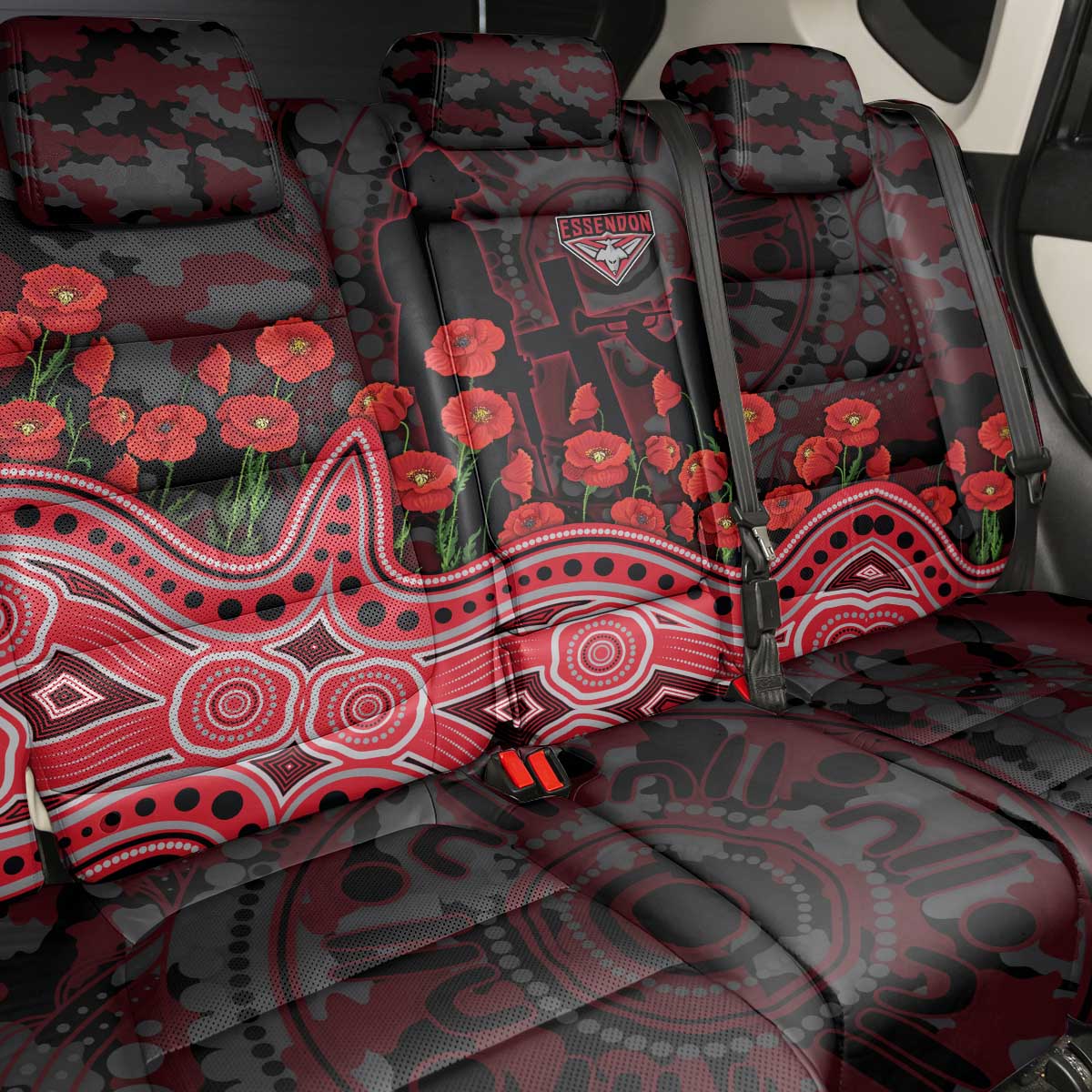 Essendon Bombers ANZAC Day Back Car Seat Cover Indigenous Dot Art with Poppy Flower Tribute