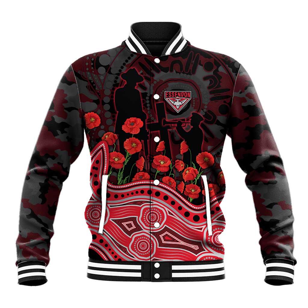 Essendon Bombers ANZAC Day Baseball Jacket Indigenous Dot Art with Poppy Flower Tribute