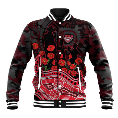 Essendon Bombers ANZAC Day Baseball Jacket Indigenous Dot Art with Poppy Flower Tribute