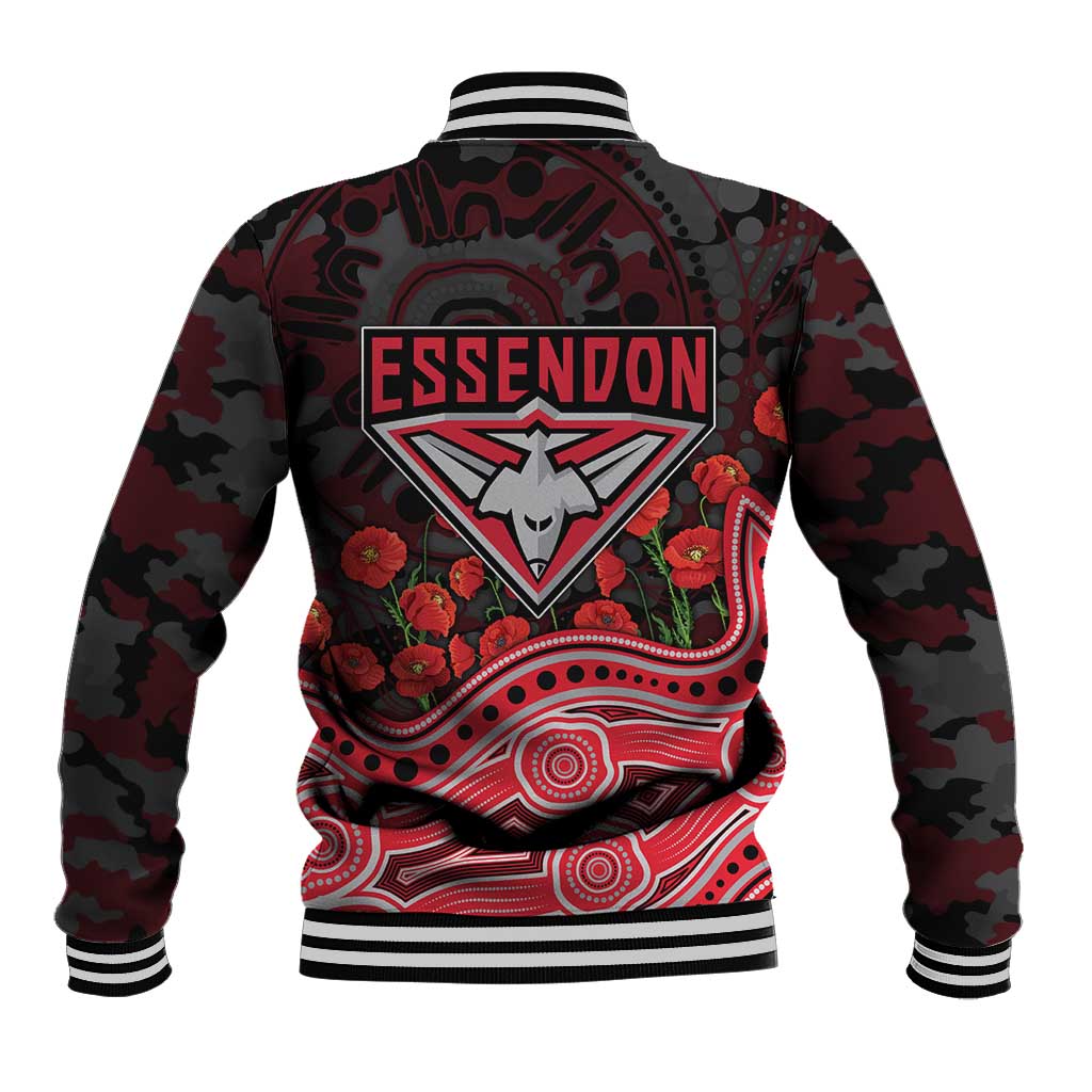 Essendon Bombers ANZAC Day Baseball Jacket Indigenous Dot Art with Poppy Flower Tribute