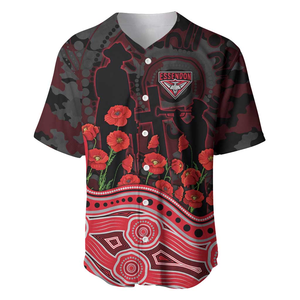 Essendon Bombers ANZAC Day Baseball Jersey Indigenous Dot Art with Poppy Flower Tribute