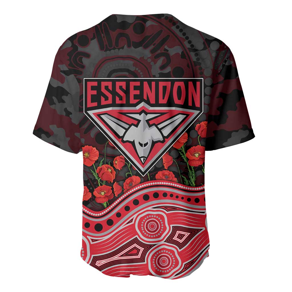 Essendon Bombers ANZAC Day Baseball Jersey Indigenous Dot Art with Poppy Flower Tribute