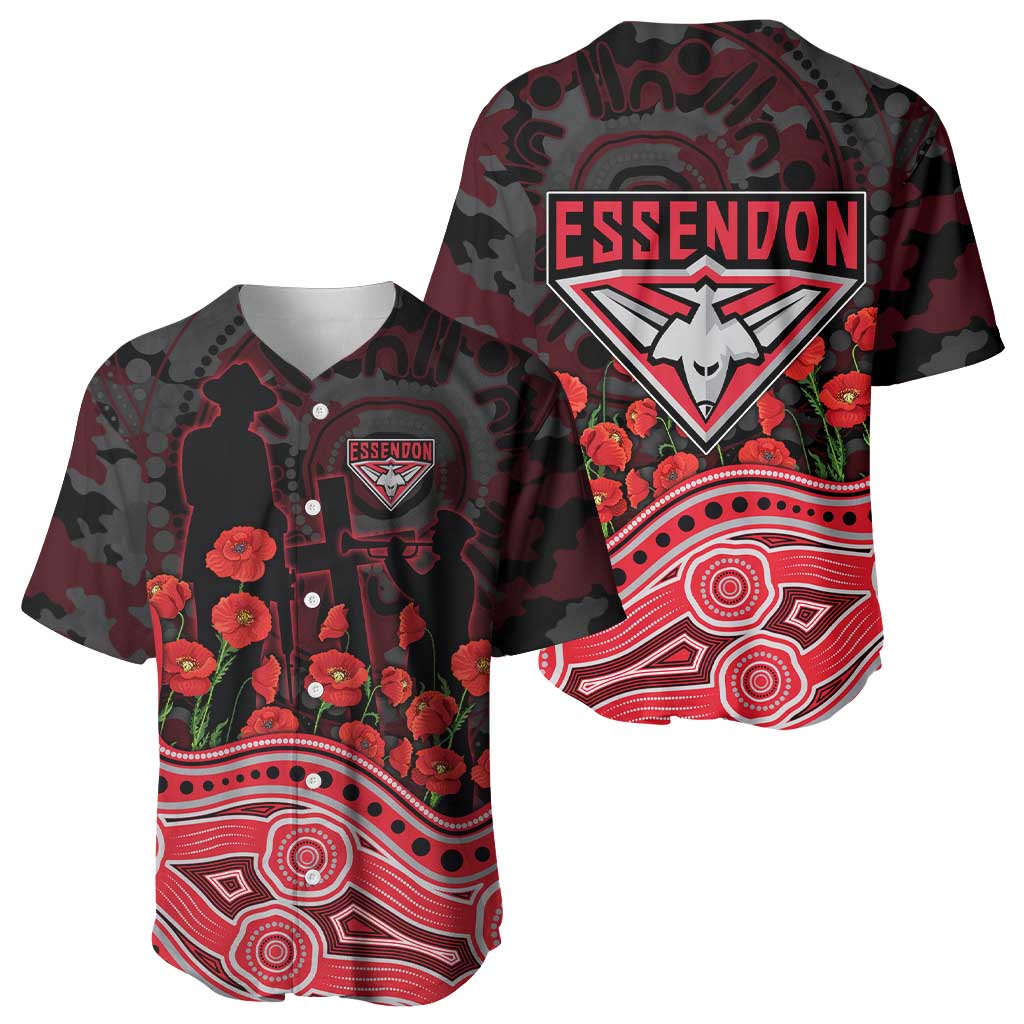 Essendon Bombers ANZAC Day Baseball Jersey Indigenous Dot Art with Poppy Flower Tribute