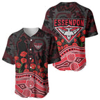 Essendon Bombers ANZAC Day Baseball Jersey Indigenous Dot Art with Poppy Flower Tribute