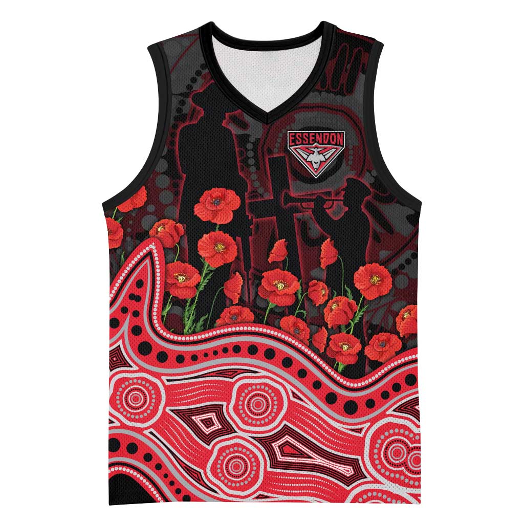 Essendon Bombers ANZAC Day Basketball Jersey Indigenous Dot Art with Poppy Flower Tribute