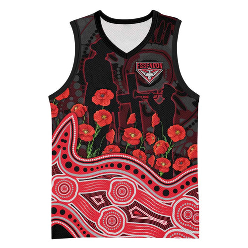 Essendon Bombers ANZAC Day Basketball Jersey Indigenous Dot Art with Poppy Flower Tribute