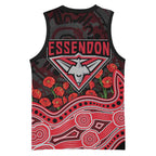 Essendon Bombers ANZAC Day Basketball Jersey Indigenous Dot Art with Poppy Flower Tribute
