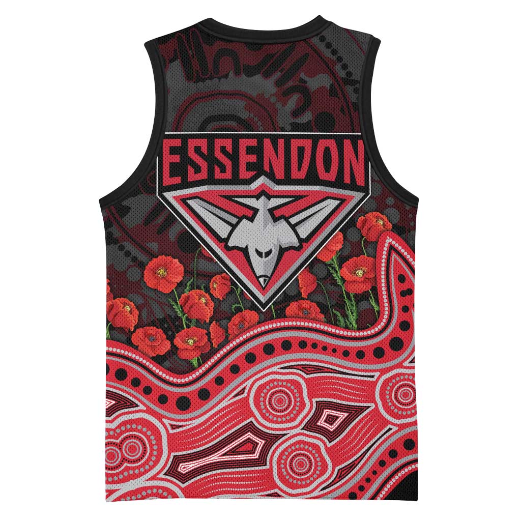 Essendon Bombers ANZAC Day Basketball Jersey Indigenous Dot Art with Poppy Flower Tribute