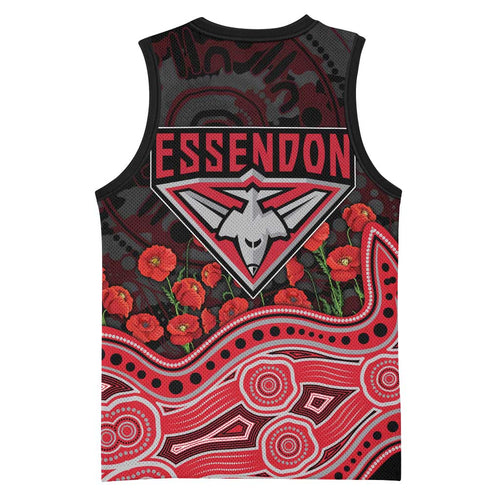 Essendon Bombers ANZAC Day Basketball Jersey Indigenous Dot Art with Poppy Flower Tribute