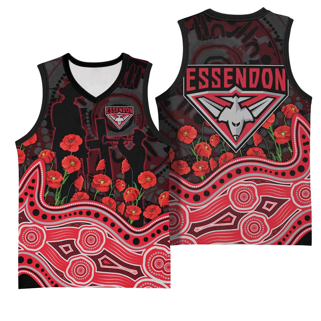 Essendon Bombers ANZAC Day Basketball Jersey Indigenous Dot Art with Poppy Flower Tribute