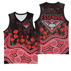 Essendon Bombers ANZAC Day Basketball Jersey Indigenous Dot Art with Poppy Flower Tribute