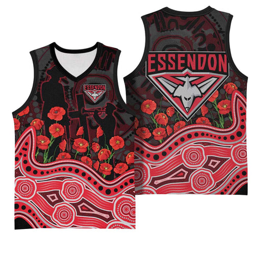 Essendon Bombers ANZAC Day Basketball Jersey Indigenous Dot Art with Poppy Flower Tribute
