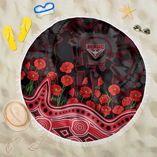 Essendon Bombers ANZAC Day Beach Blanket Indigenous Dot Art with Poppy Flower Tribute