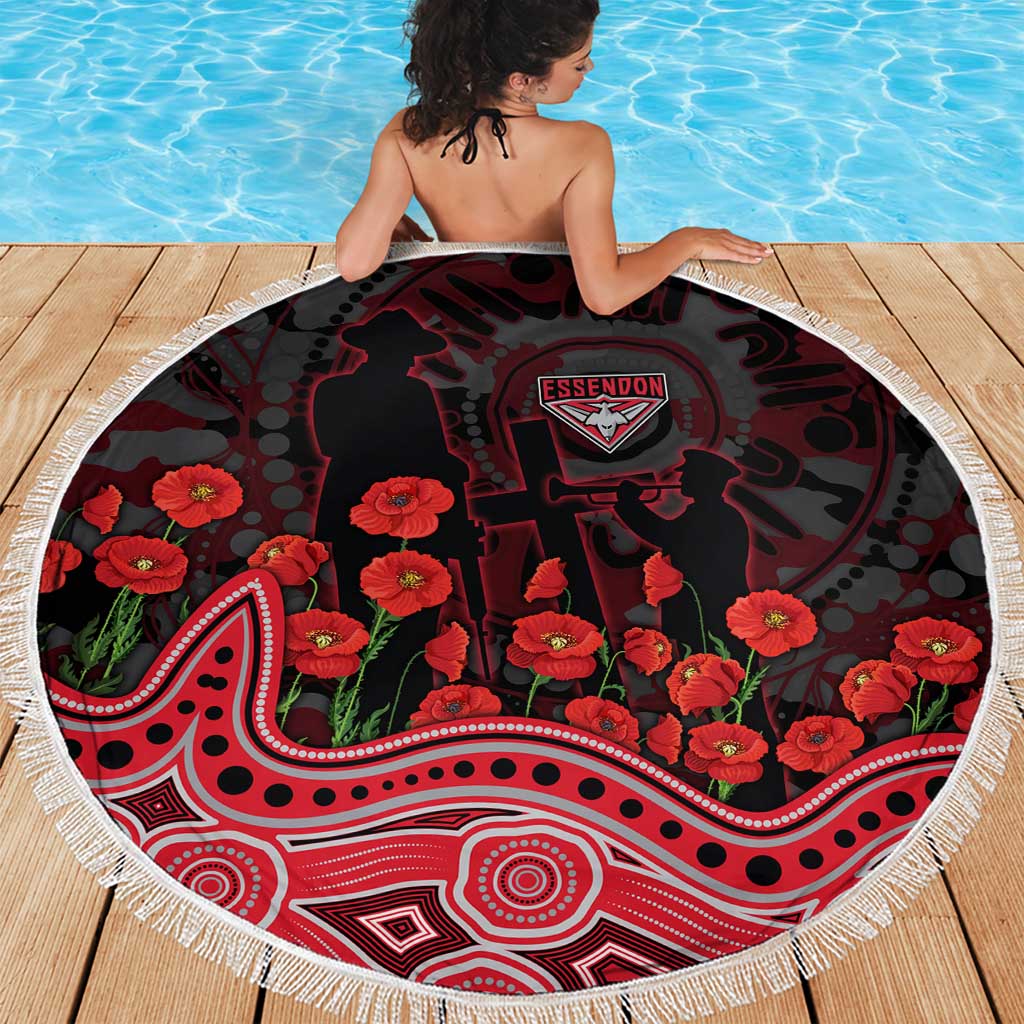 Essendon Bombers ANZAC Day Beach Blanket Indigenous Dot Art with Poppy Flower Tribute