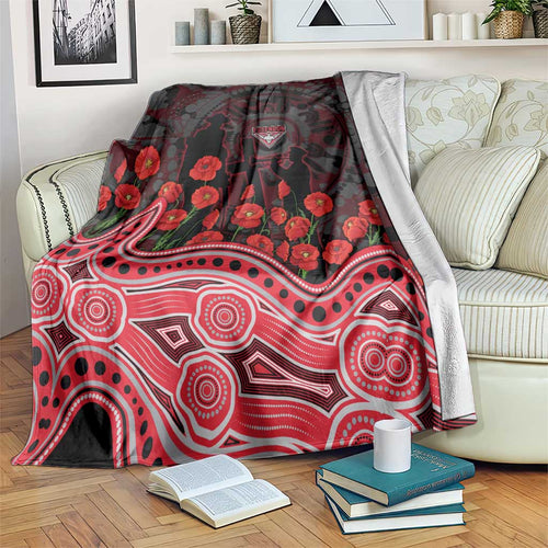Essendon Bombers ANZAC Day Blanket Indigenous Dot Art with Poppy Flower Tribute