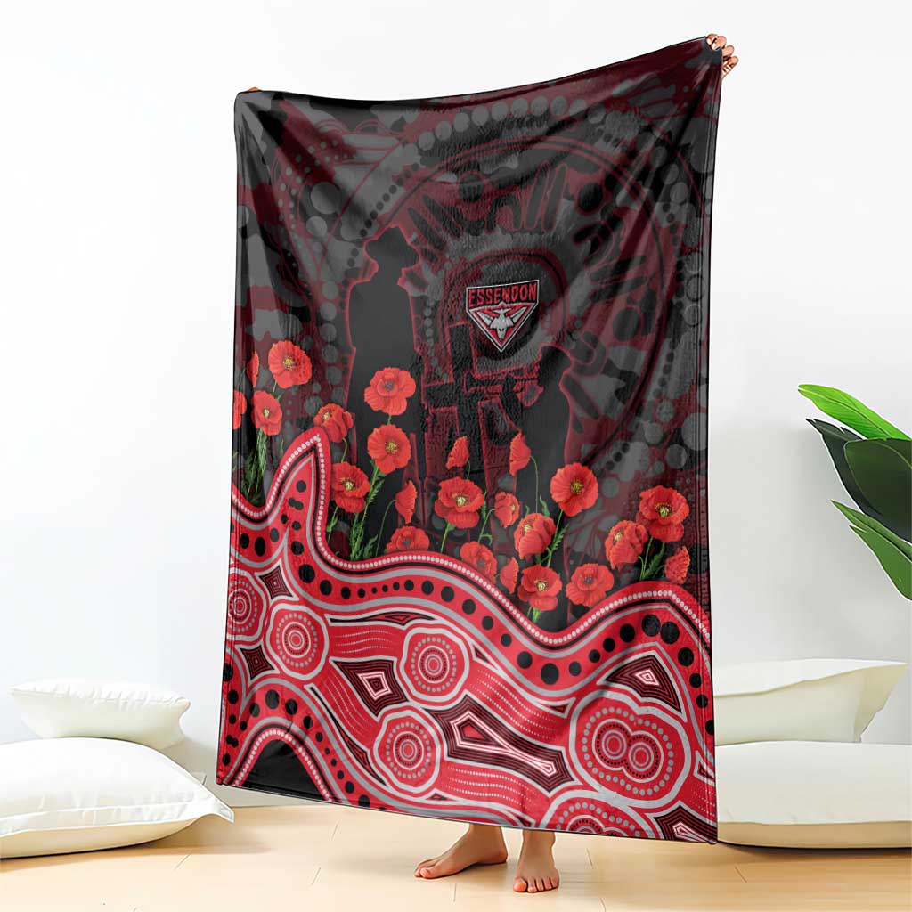 Essendon Bombers ANZAC Day Blanket Indigenous Dot Art with Poppy Flower Tribute