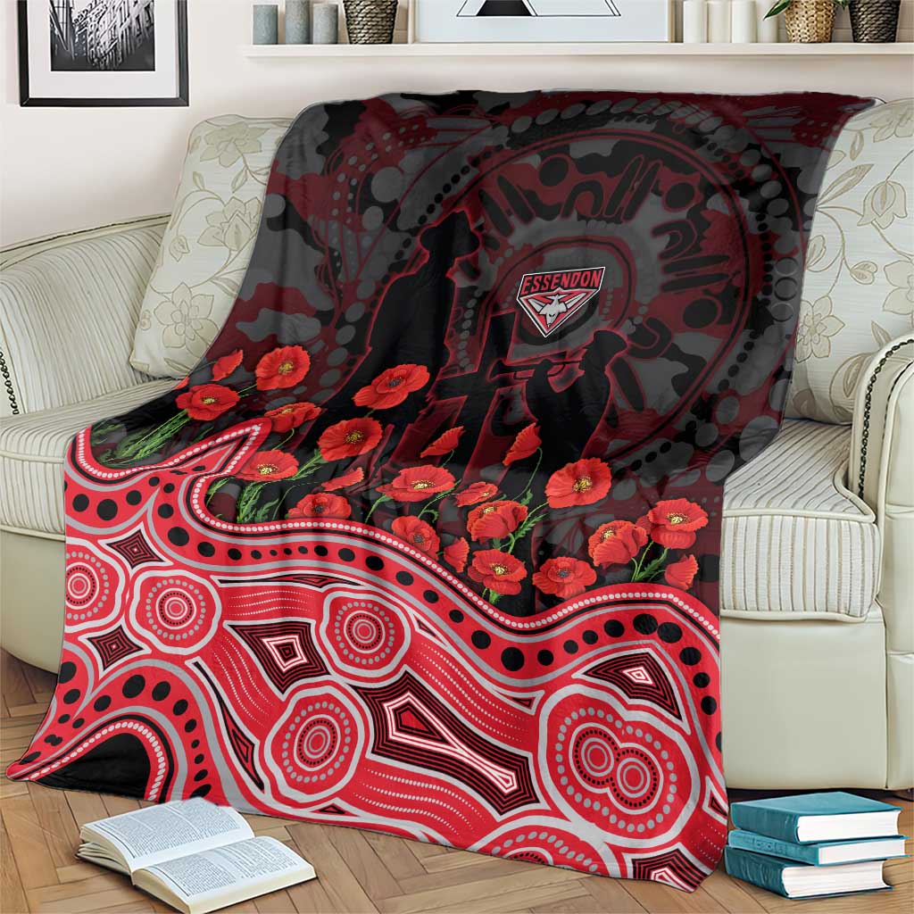 Essendon Bombers ANZAC Day Blanket Indigenous Dot Art with Poppy Flower Tribute