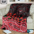 Essendon Bombers ANZAC Day Blanket Indigenous Dot Art with Poppy Flower Tribute